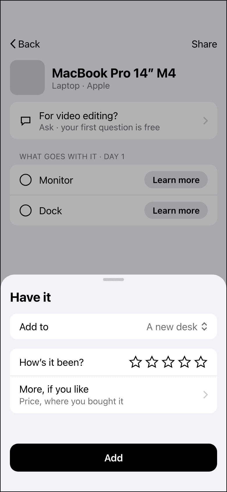 The Have sheet: Add to a new desk, how it has been, and an Add button