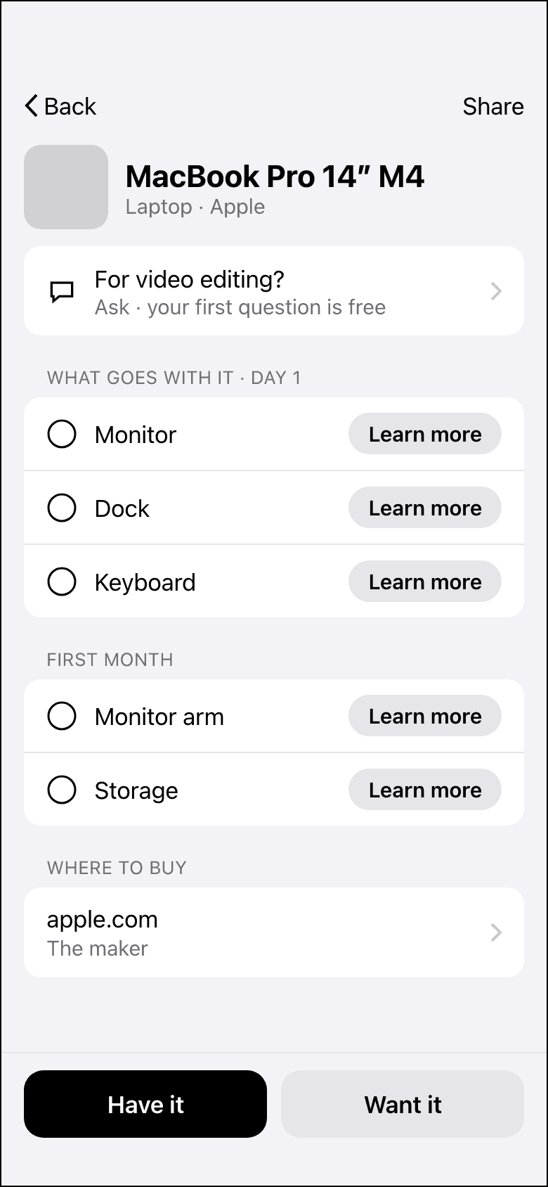 A thing’s page: MacBook Pro 14 inch, with what goes with it by stage and where the maker sells it