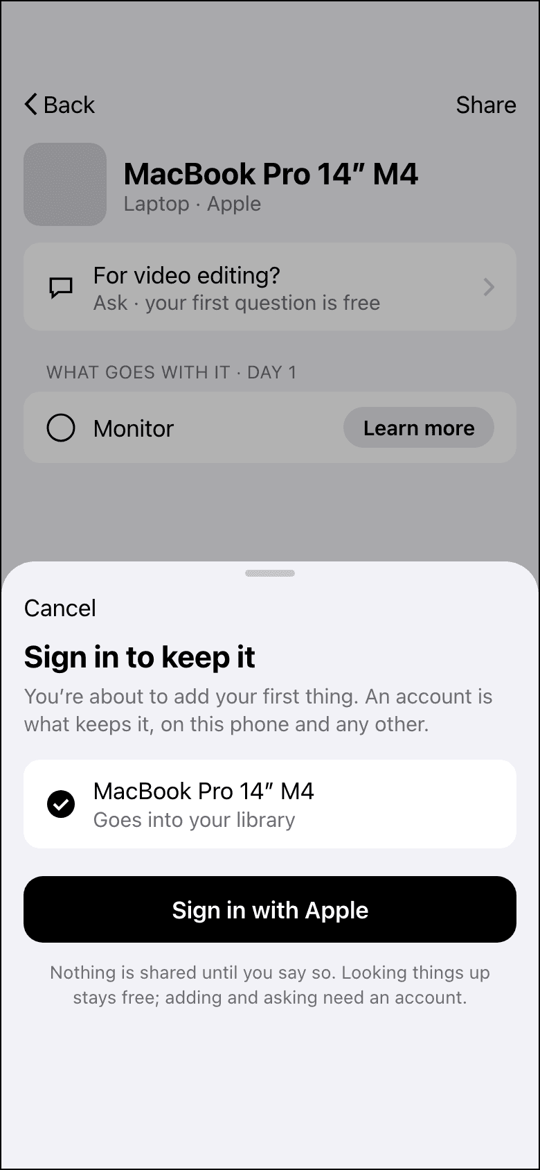 Sign in to keep it: a sheet over the page with Sign in with Apple
