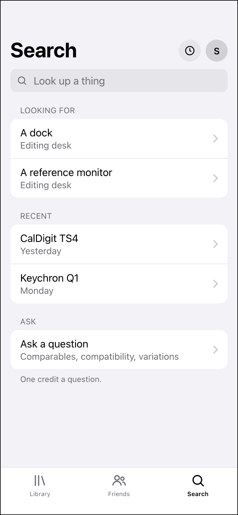 Search, idle: things you are looking for, recent lookups, and an Ask row