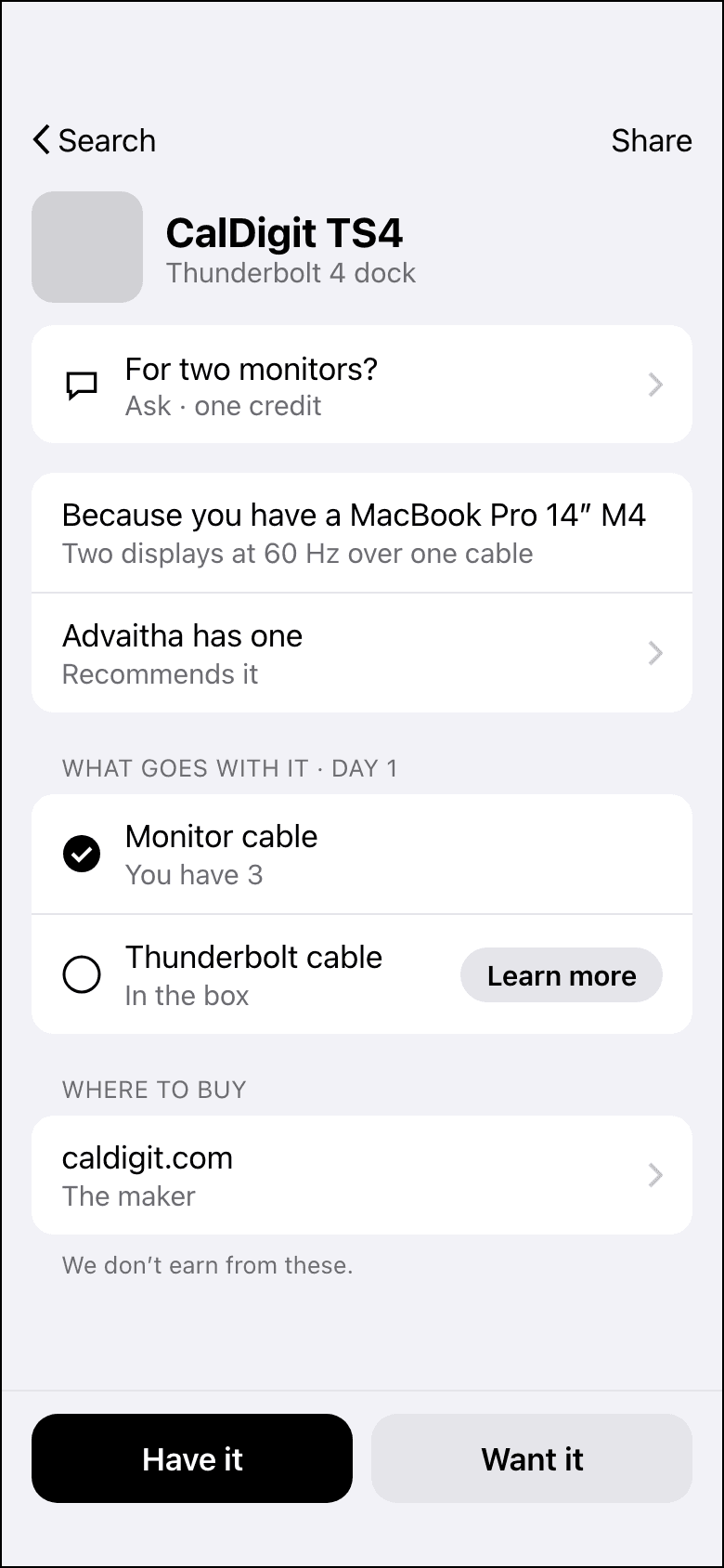A thing’s page in normal use: because you have a MacBook, a friend has one, what goes with it, where to buy