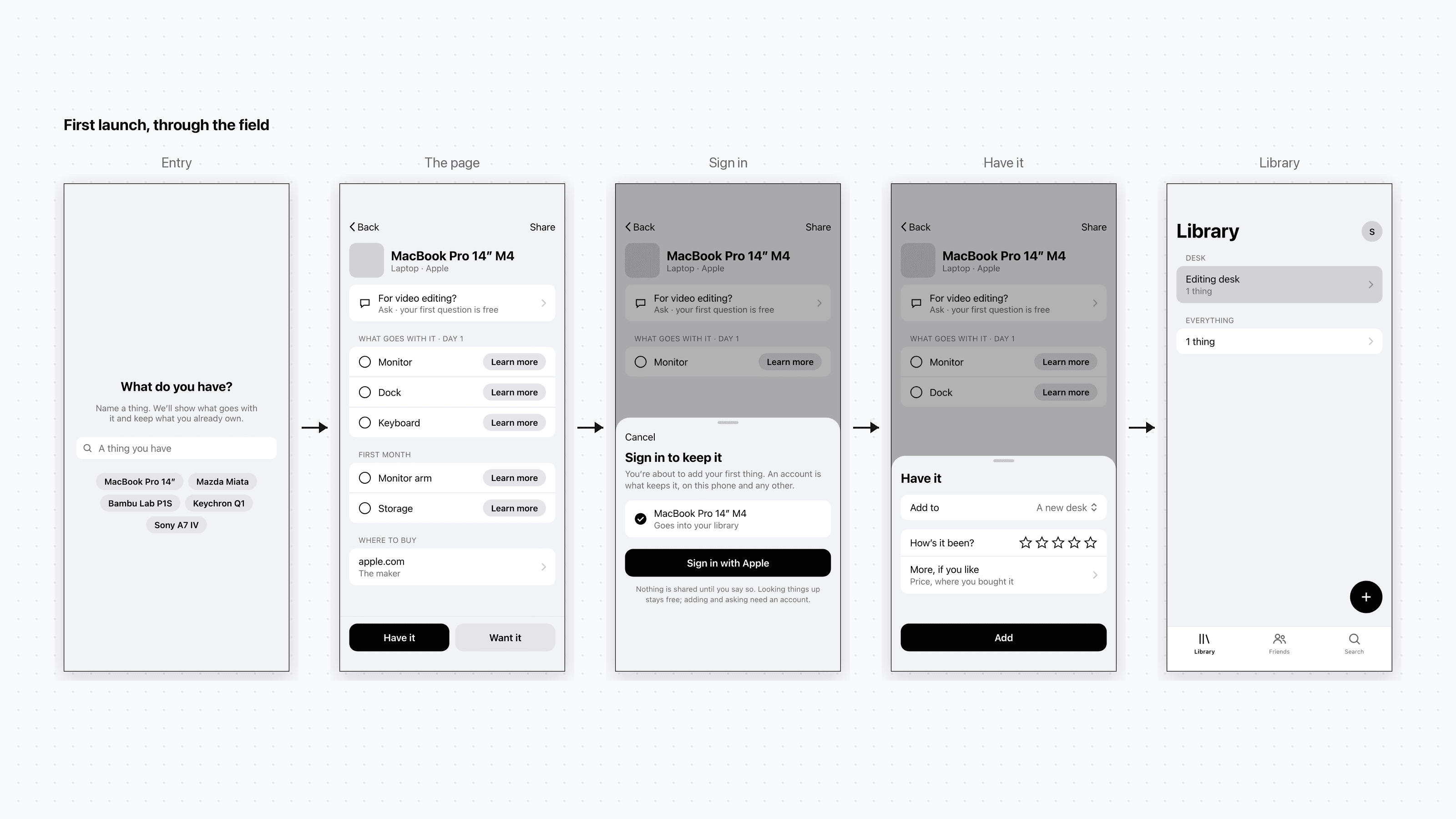 Rabbithole wireframes: the first-launch lane, from the field to Library
