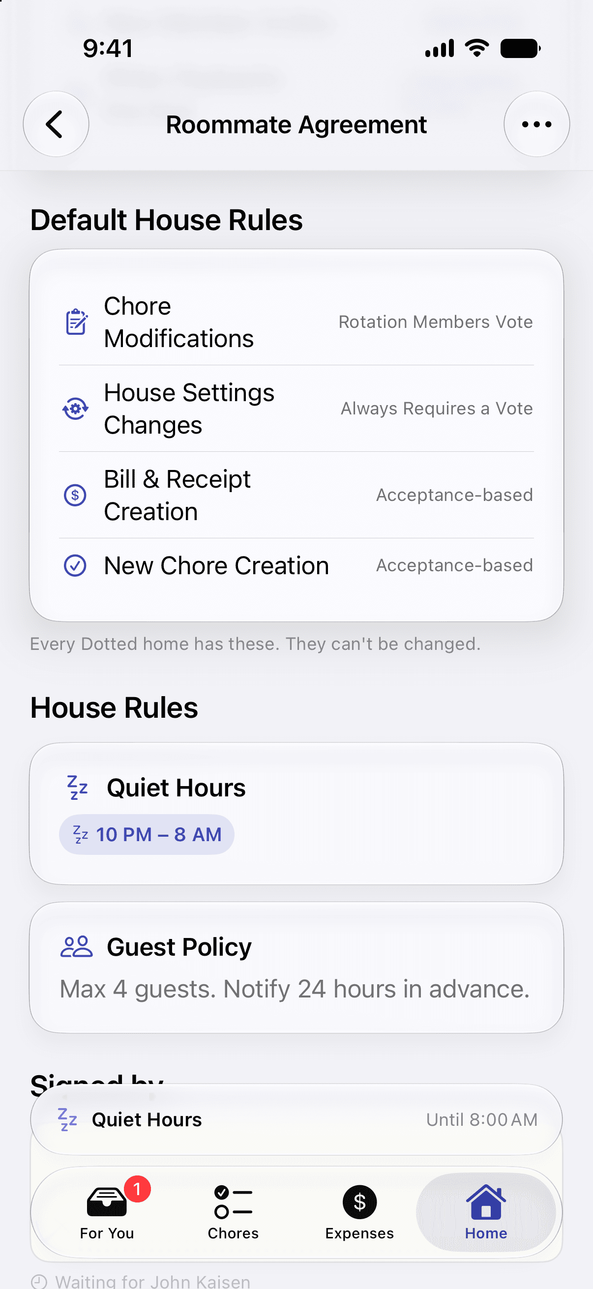 Roommate Agreement screen with default house rules, quiet hours, and signatures