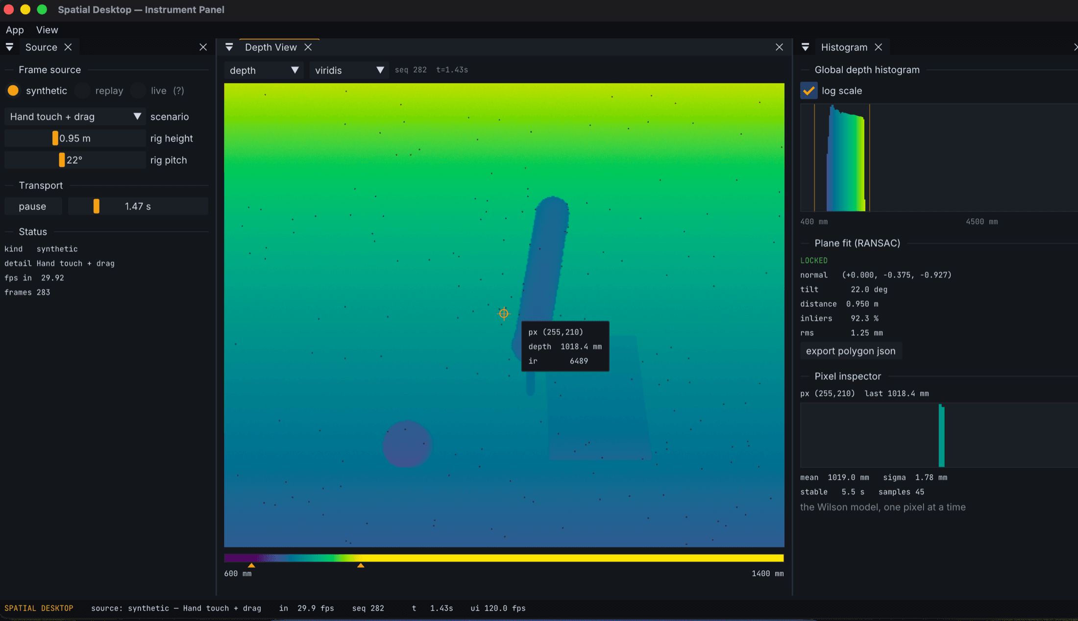 KV2GUI histogram panel: RANSAC plane fit recovering the desk from raw depth