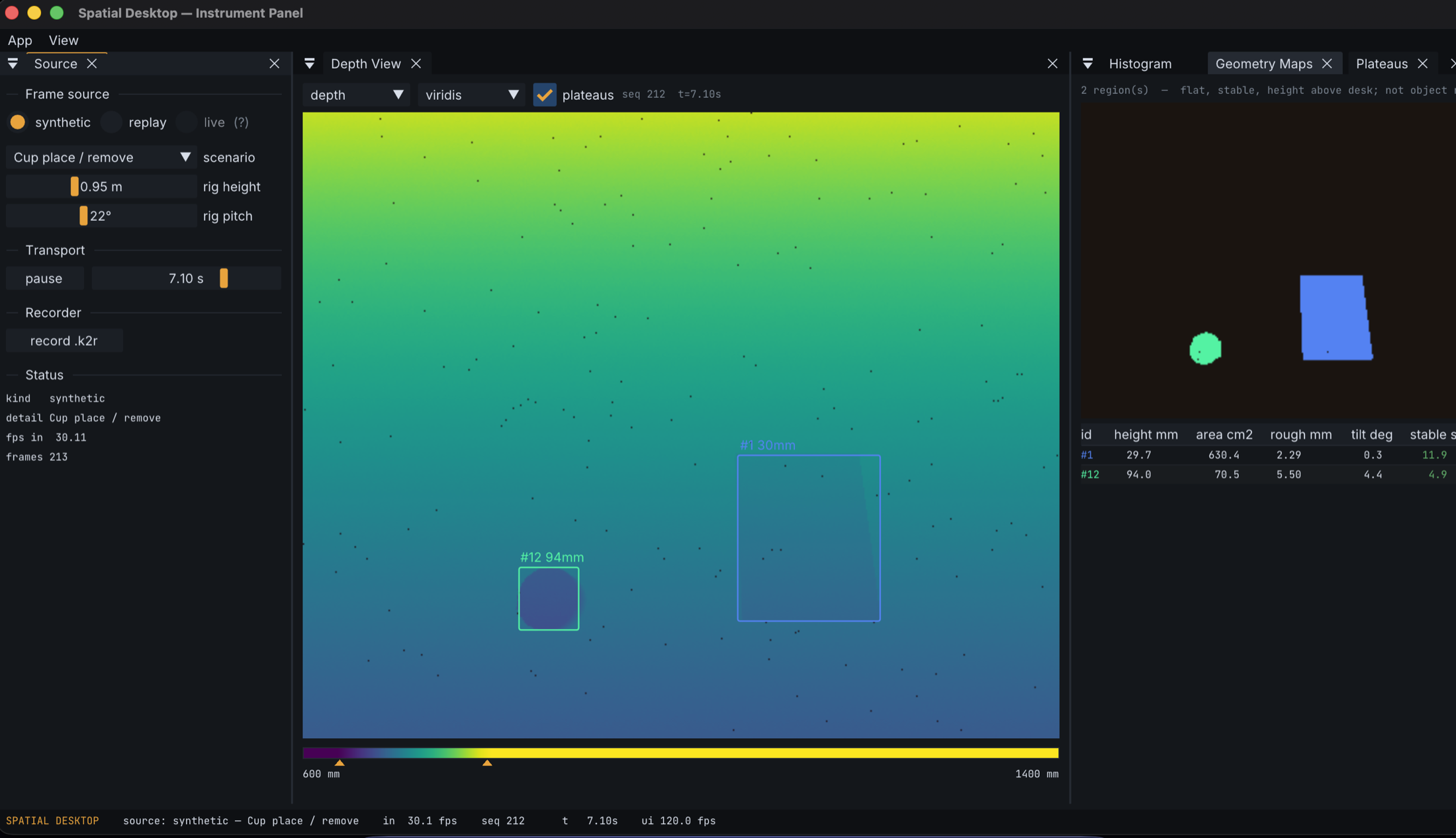 KV2GUI plateaus panel showing segmented objects on the desk